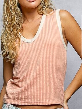 Sleeveless Ribbed Tank Top in Peach with Contrast Trim